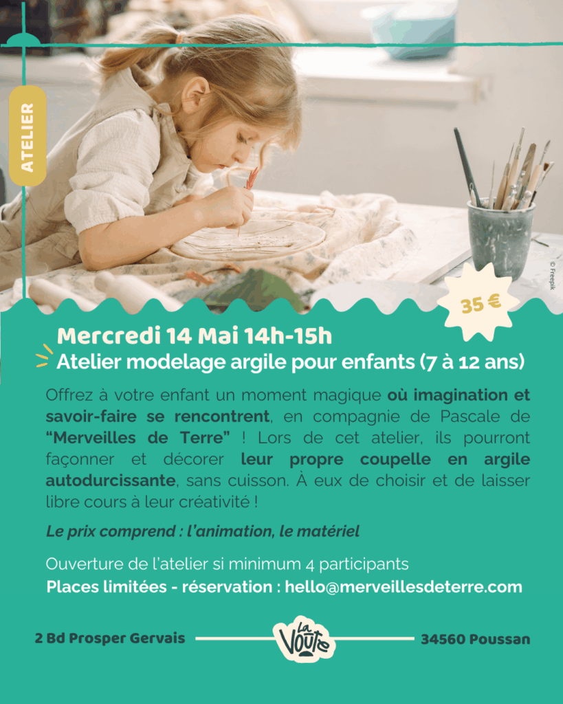 Lire la suite à propos de l’article Atelier modelage argile pour enfants (7 à 12 ans)